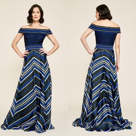 NWT TADASHI SHOJI ENNIS OFF-THE-SHOULDER STRIPED ORGANZA GOWN Dress Medium Blue - Picture 1 of 15